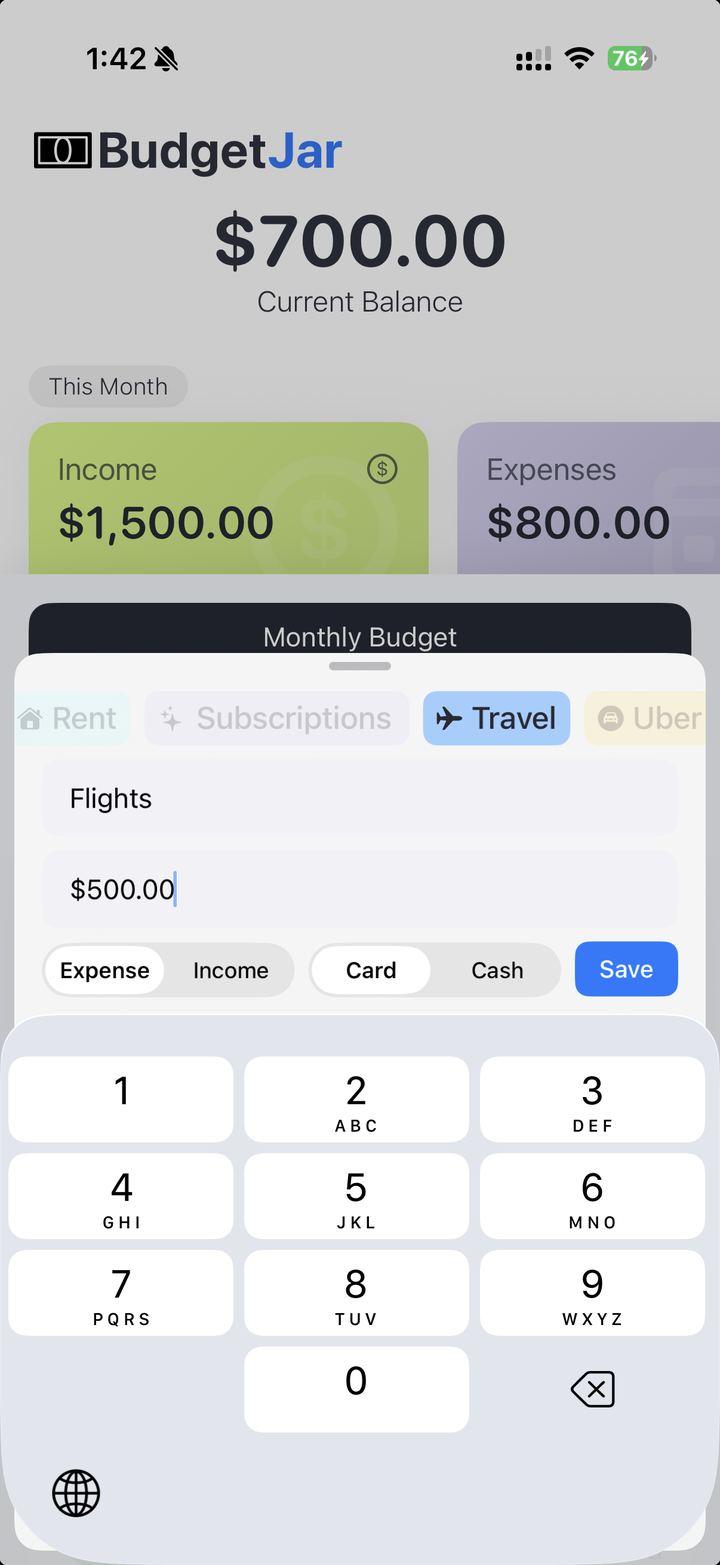 Adding a new transaction in BudgetJar