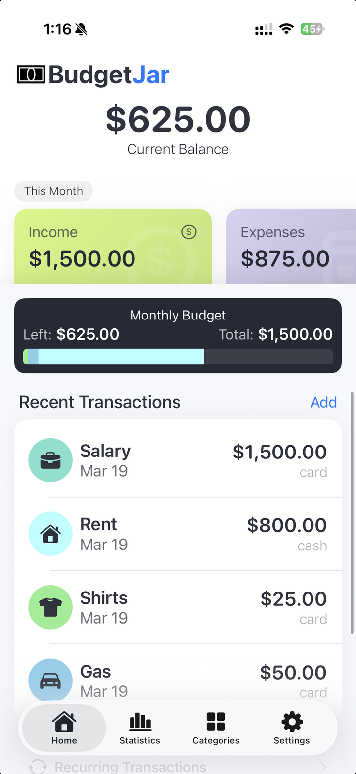 BudgetJar home screen showing current balance and recent transactions