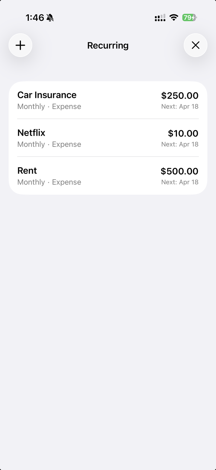 BudgetJar recurring transactions list