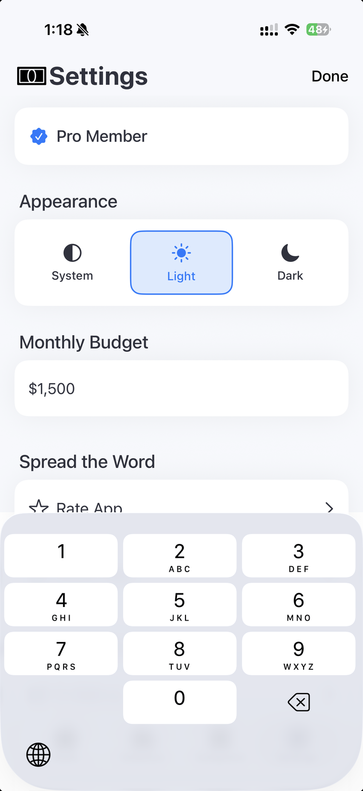 BudgetJar settings with Pro membership